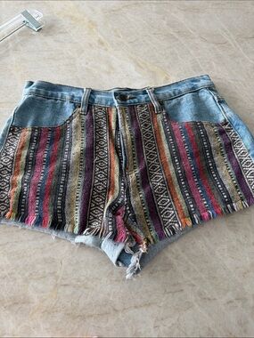 Bohemian Striped Patch Denim Shorts - Multicolor